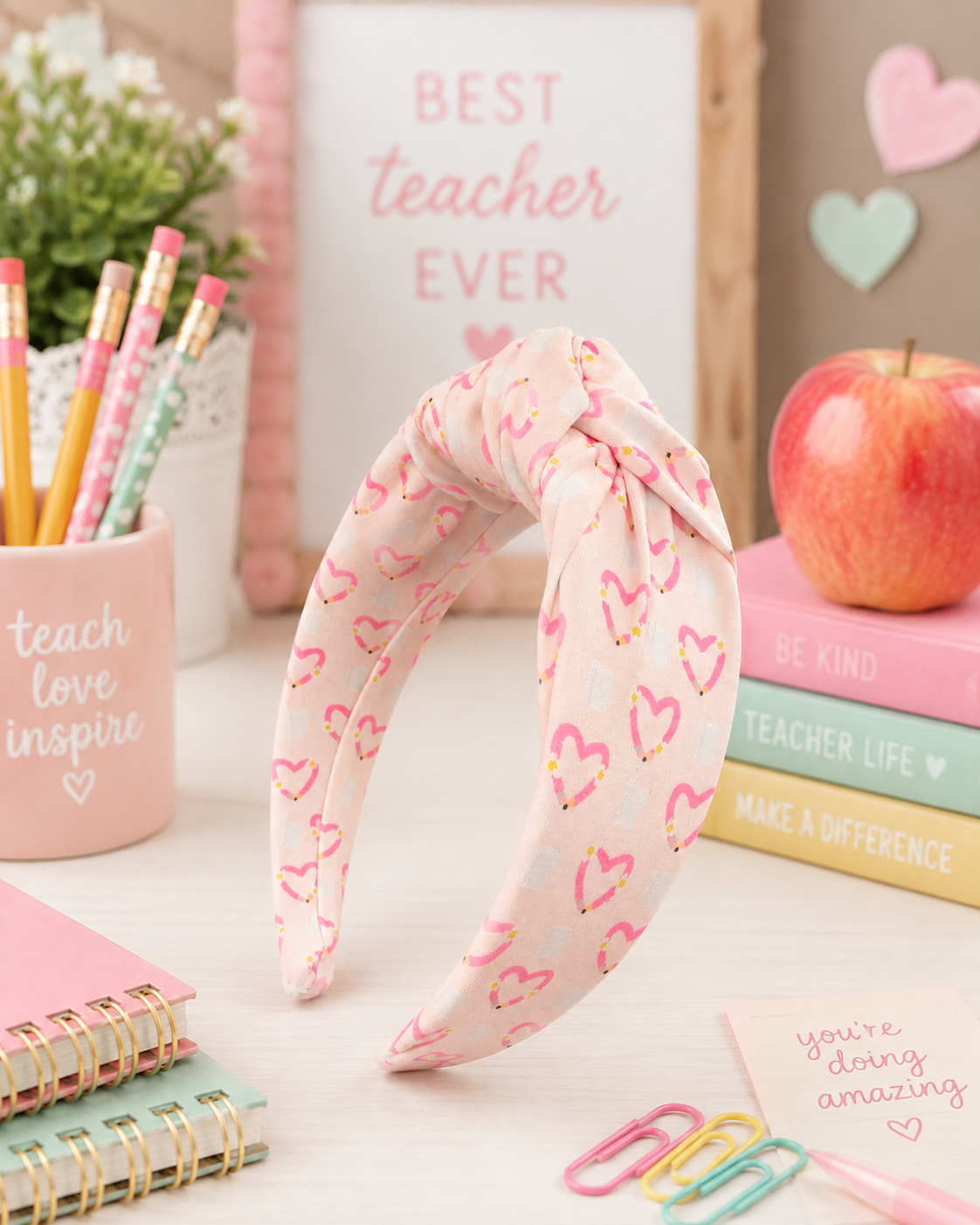 Pink Pencil Heart Knot Headband