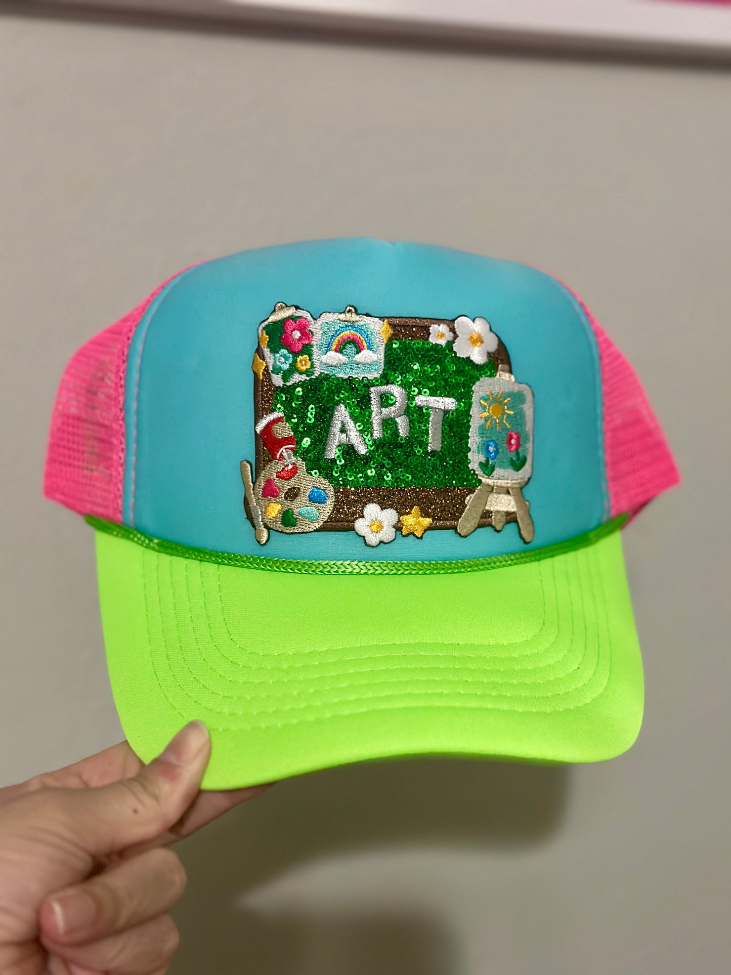 Colorful Sequin Art Teacher Patch Trucker Hat