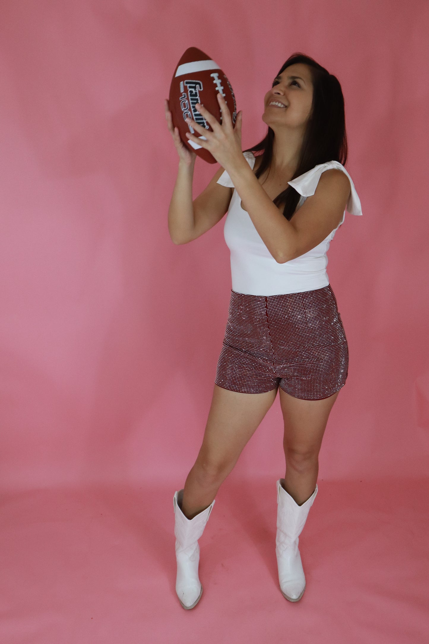 Maroon High Waisted Rhinestone Shorts