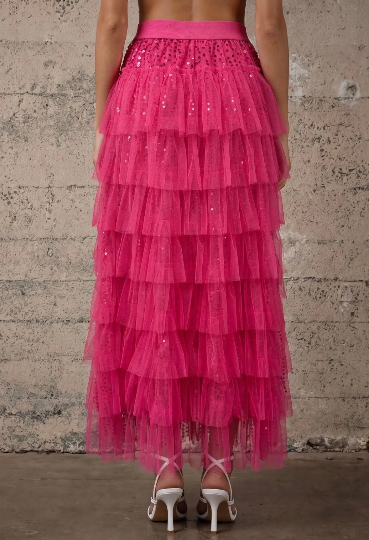 Pink Sequin Tiered Mesh Maxi Skirt