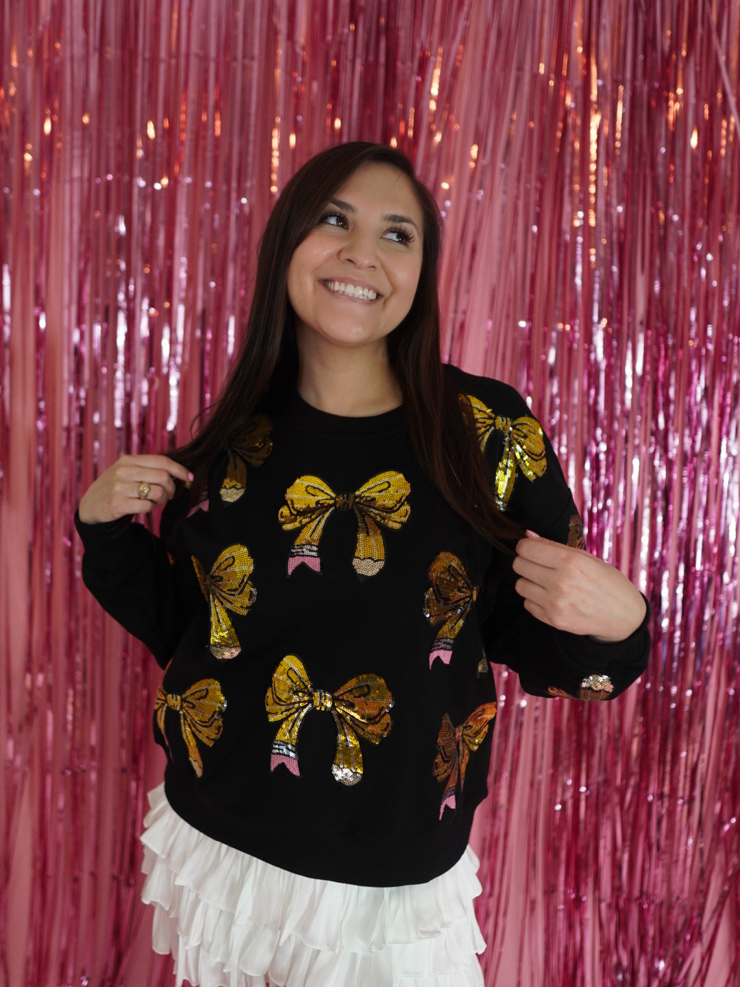 Black Sequin Pencil Bow Sweatshirt