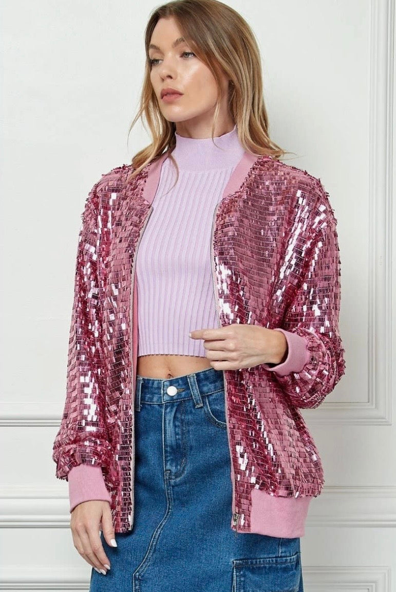Pink Sequin Bomber Jacket