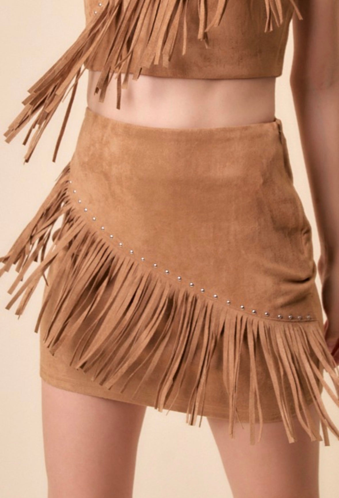 Camel Suede Fringe Skirt