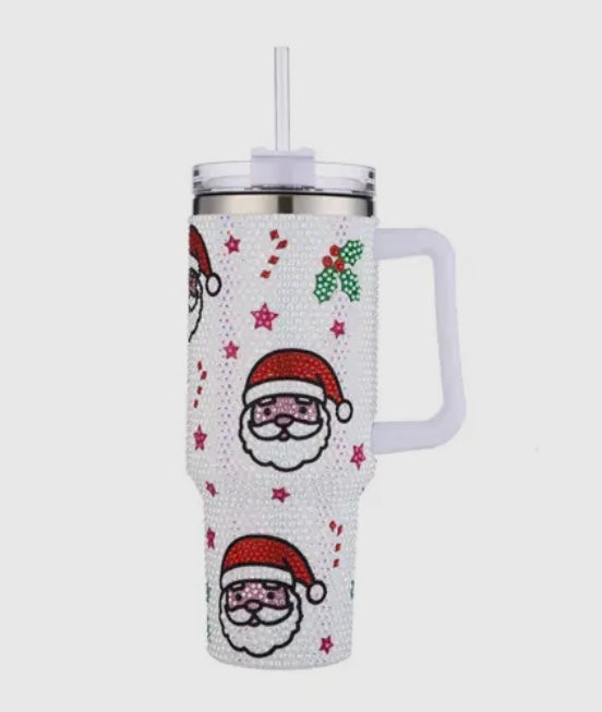 Rhinestone Santa and Holly Tumbler