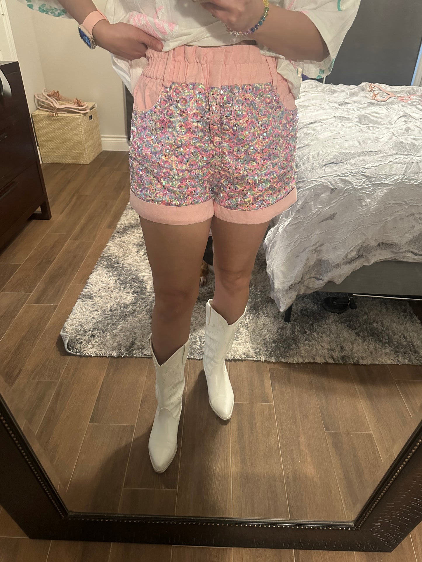 Pink Sequin High Waisted Paper Bag Shorts