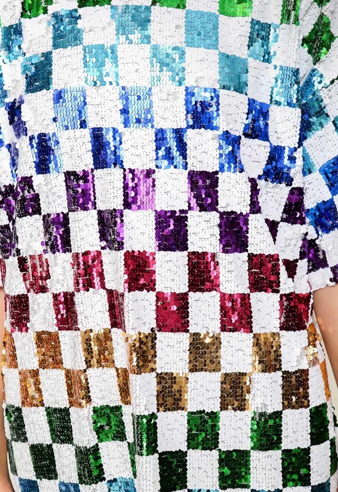 Rainbow Sequin Checkered Shirt Dress