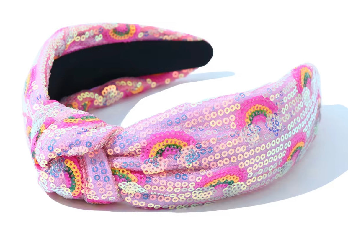 Pink Sequin Rainbow Knot Headband