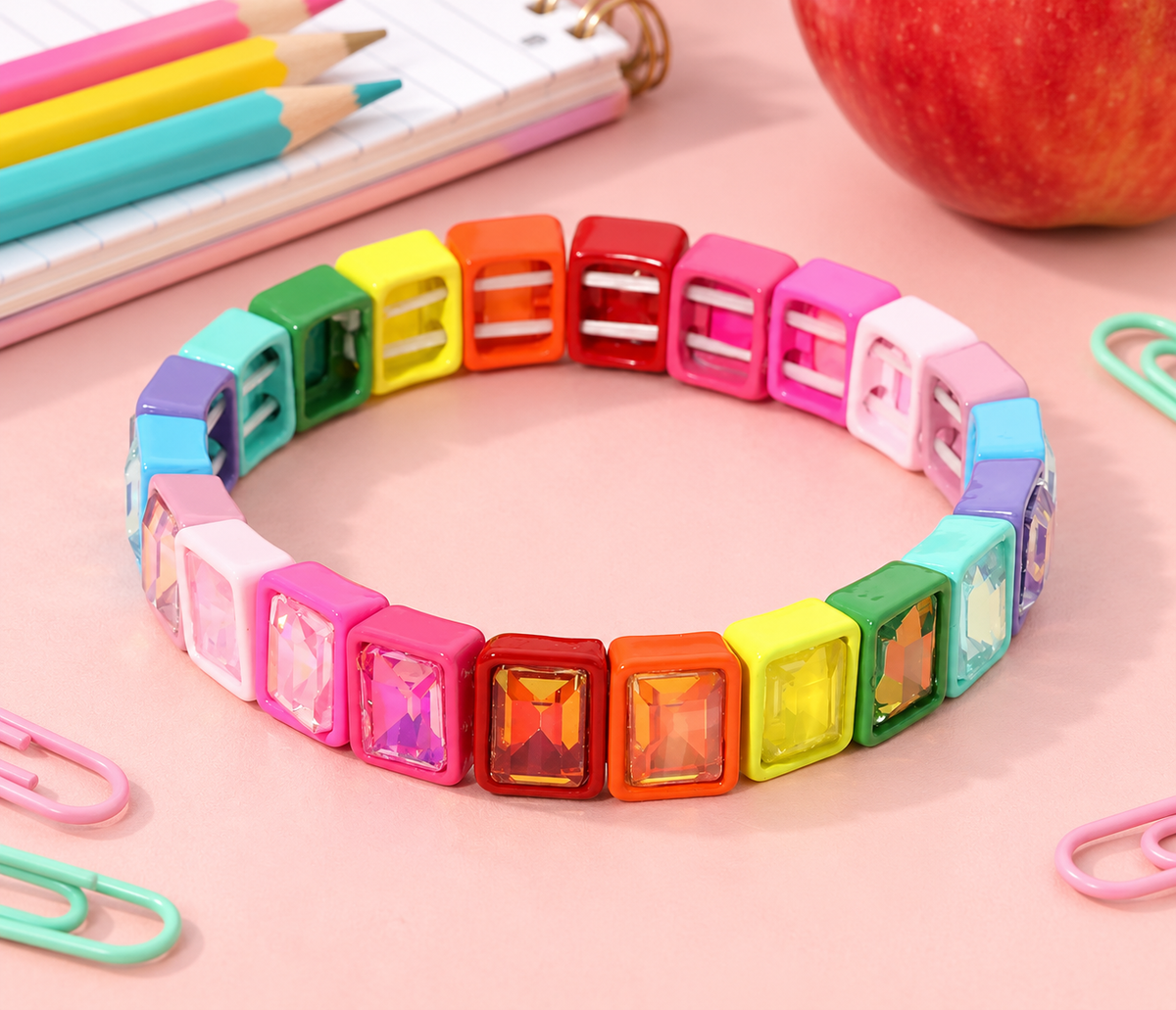 Rainbow Rectangle Crystal Stretch Bracelet