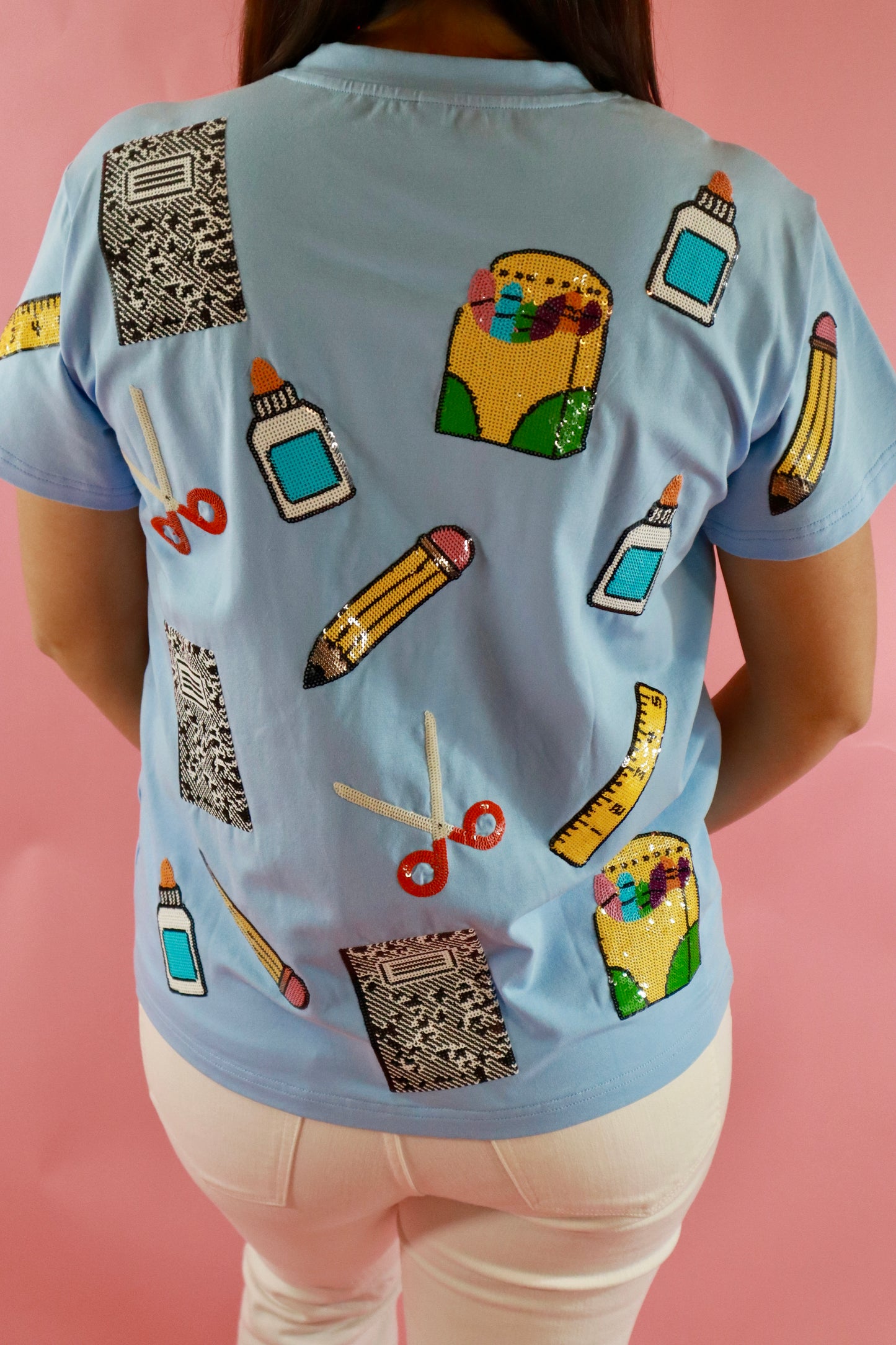 Light Blue Sequin School Supply Top