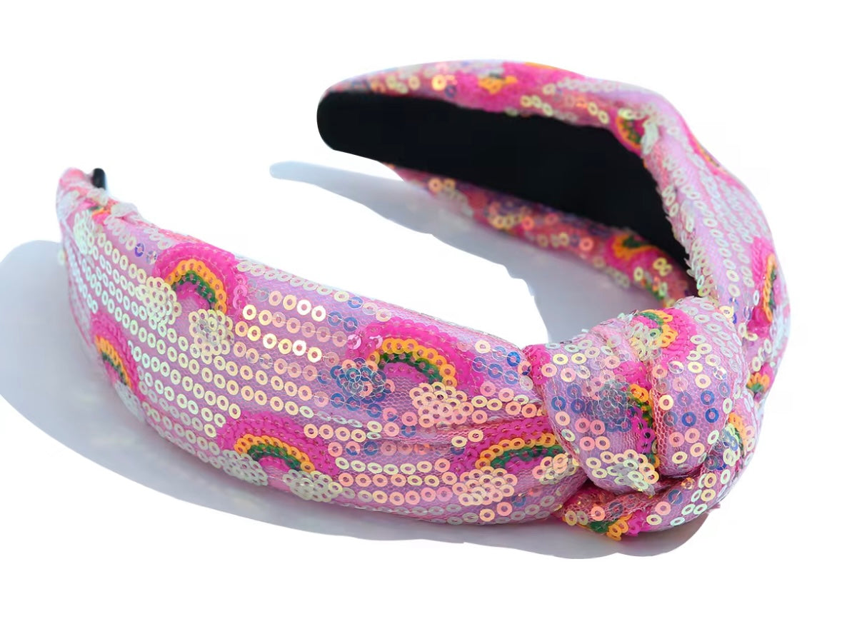 Pink Sequin Rainbow Knot Headband
