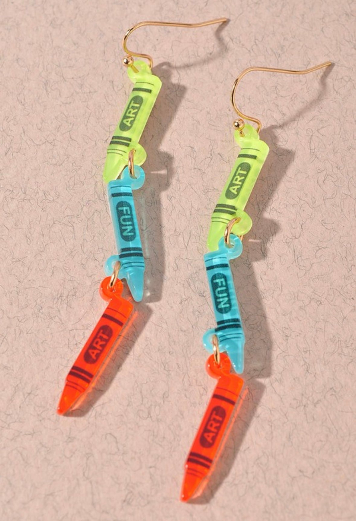 Green, Blue, and Red Dangle Crayon Earrings