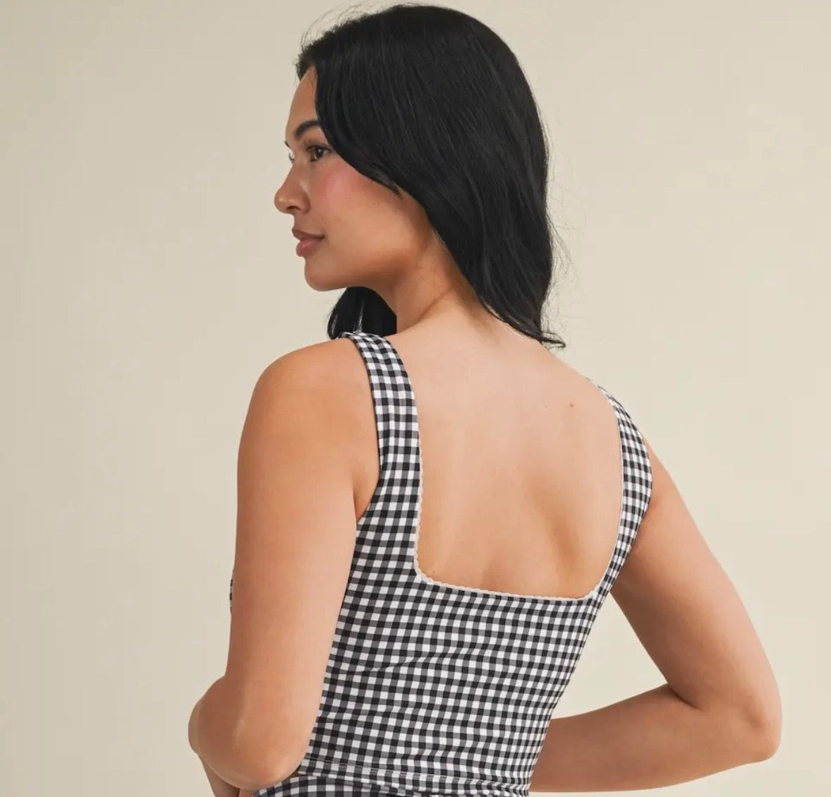 Black Gingham Square Neck Cropped Top