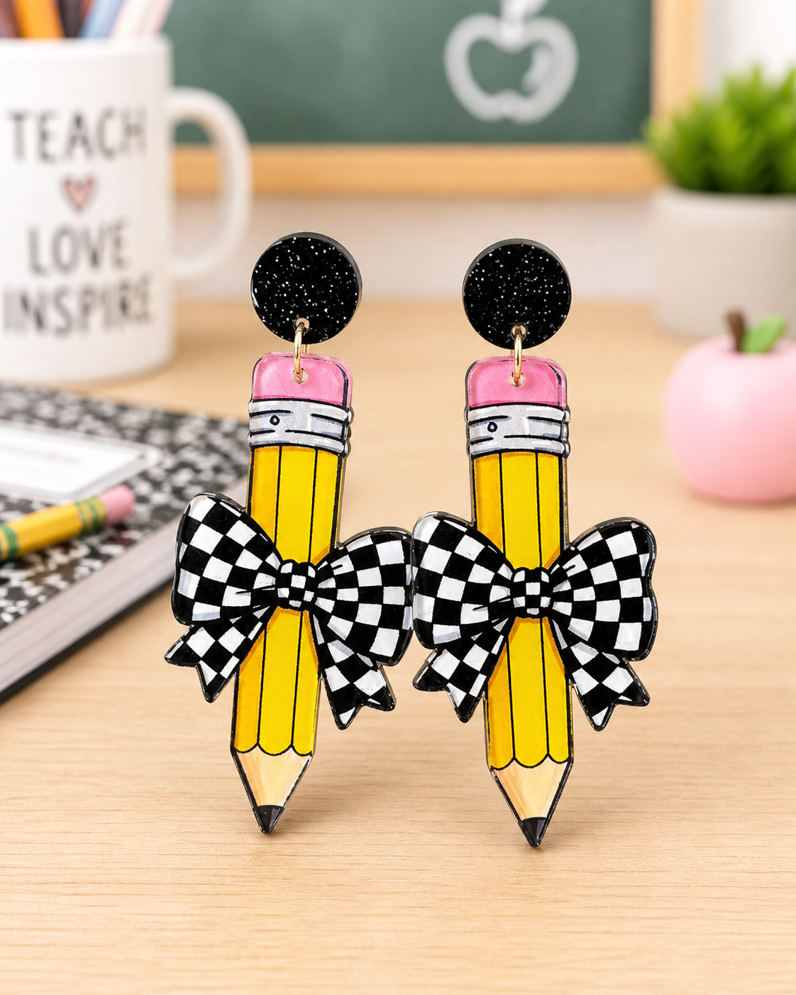 Pencil with Checkered Bow Earrings
