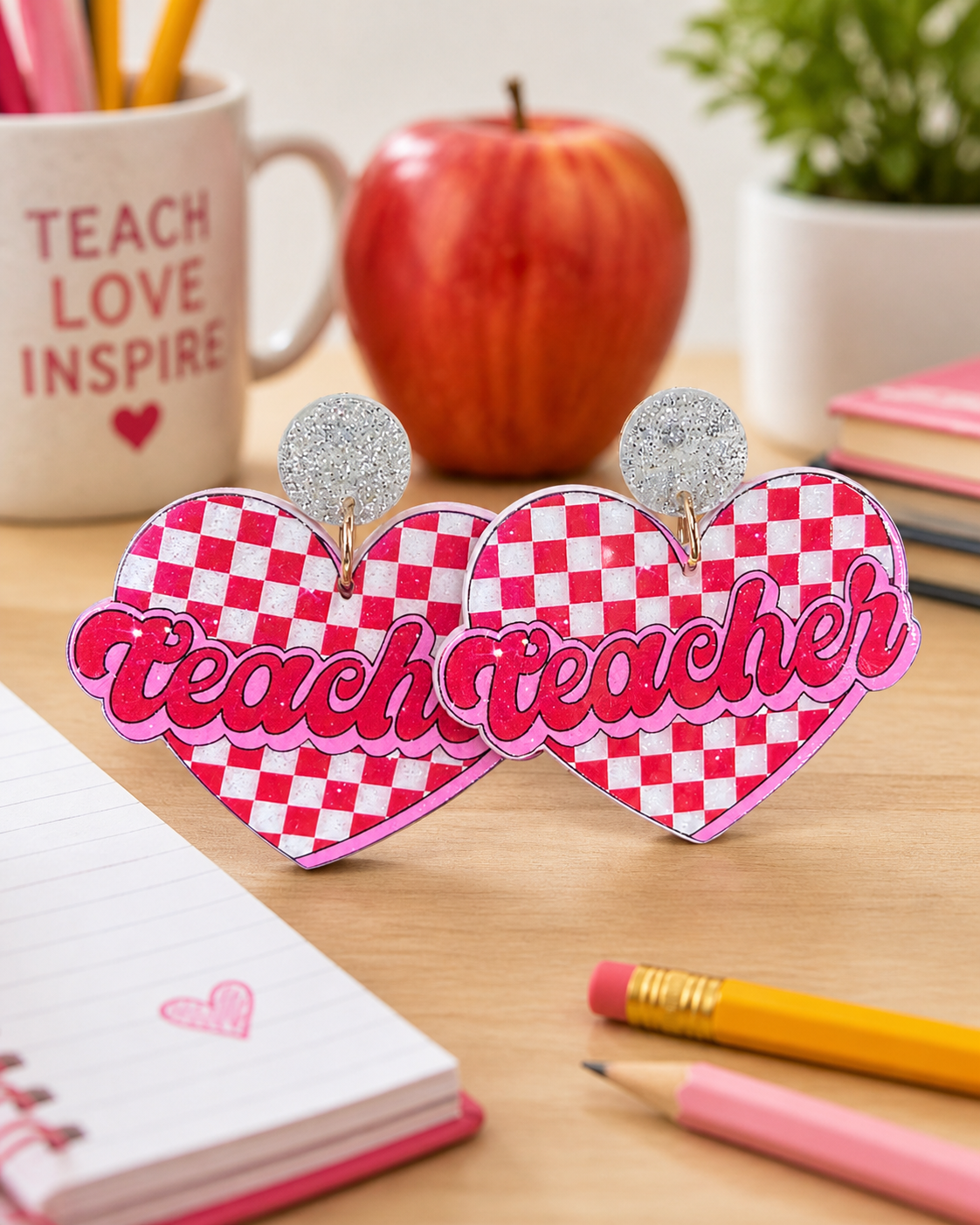 Teacher Checkered Heart Earrings