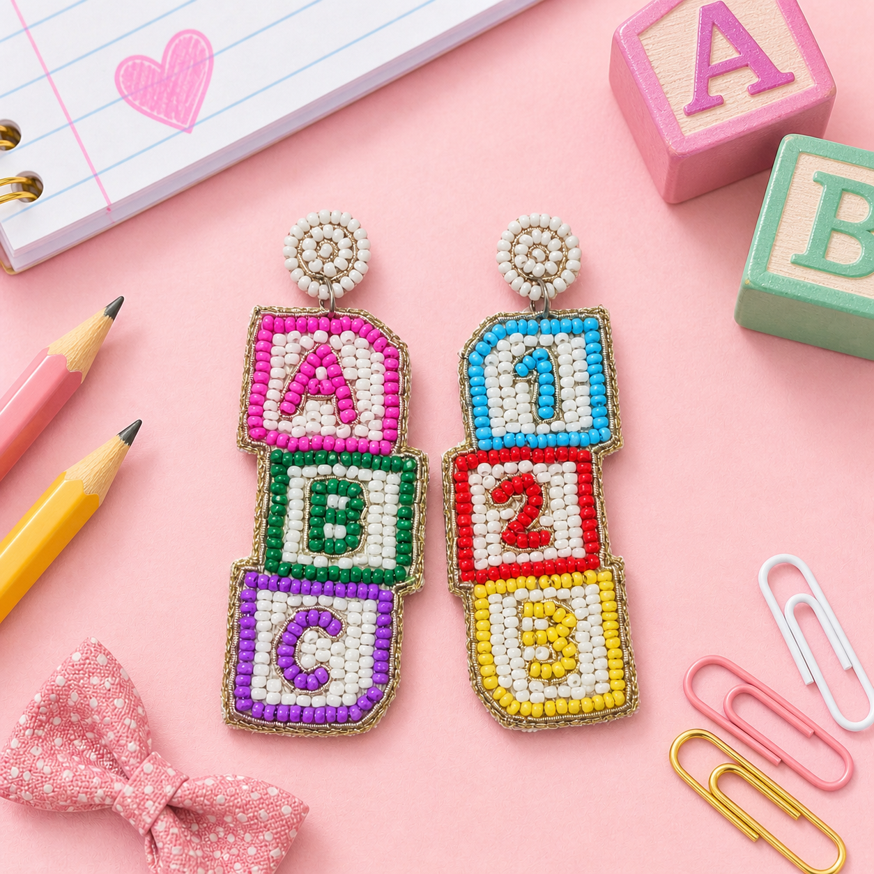 Beaded ABC 123 Block Earrings
