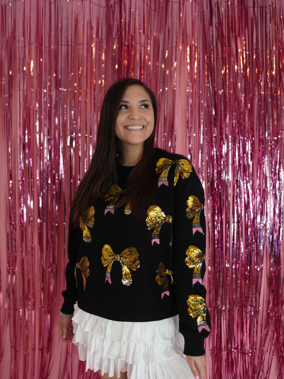 Black Sequin Pencil Bow Sweatshirt