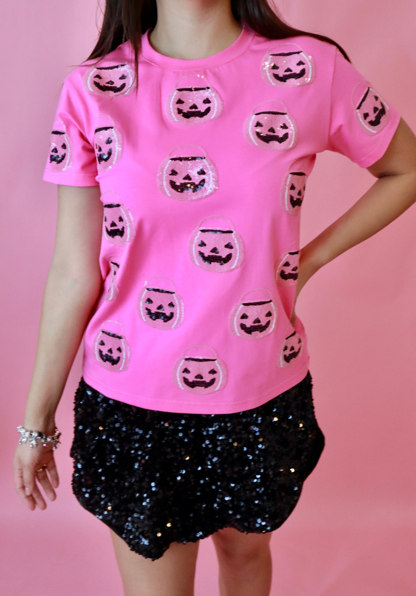 Pink Sequin Halloween Buckets Top