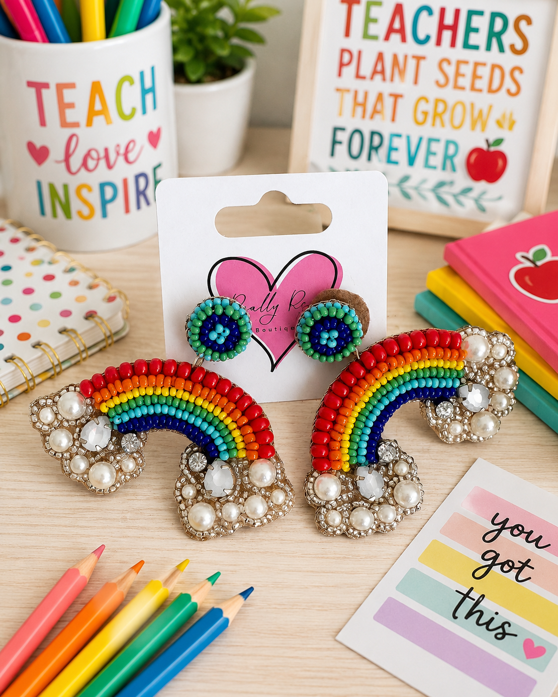 Beaded Rainbow Earrings with Rhinestones
