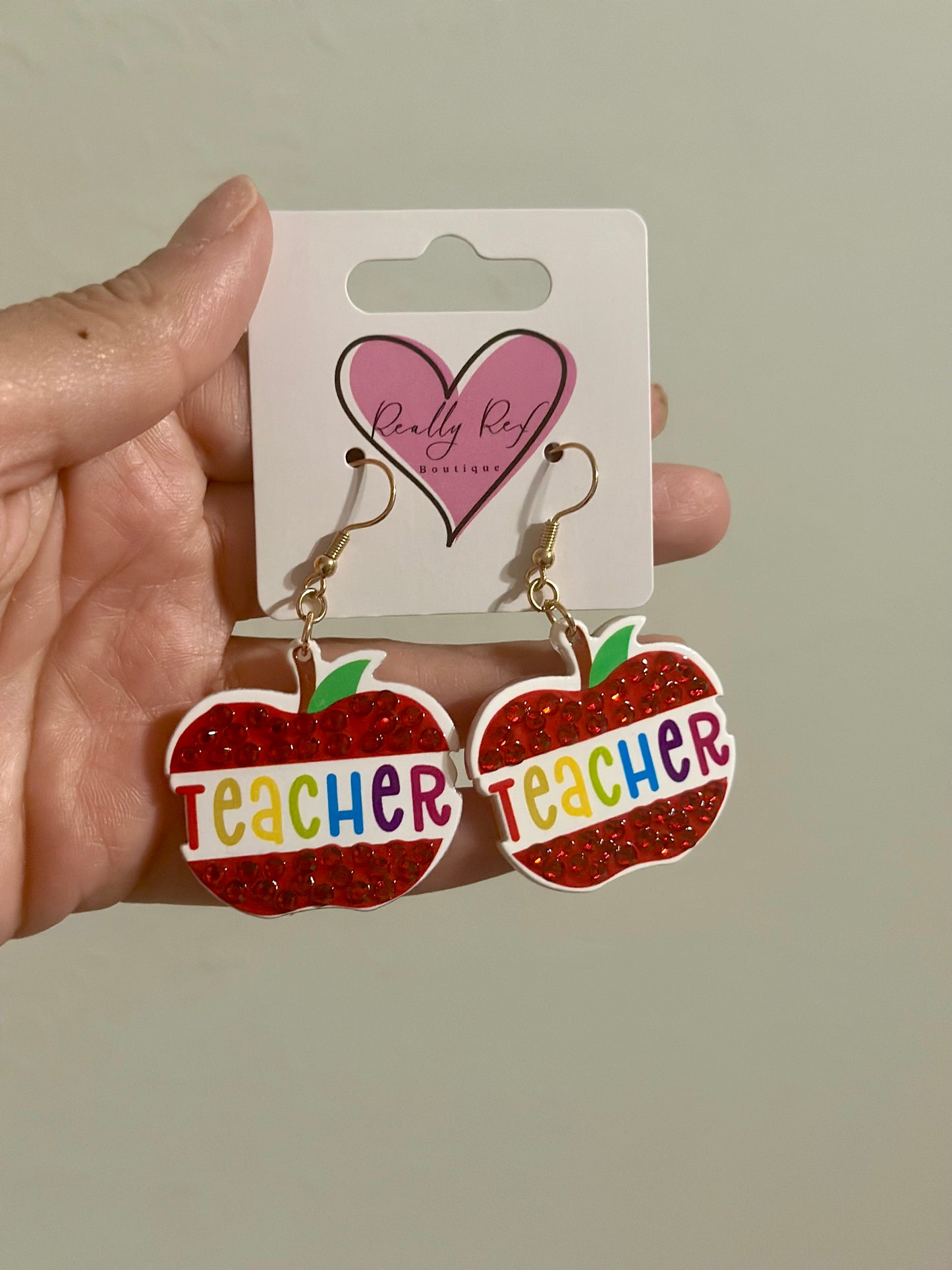 Rhinestone Red Apple Teacher Earrings