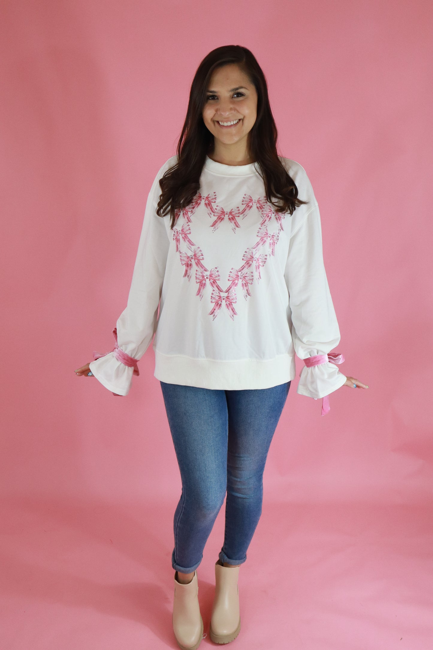 Rhinestone Heart Bow Sweatshirt