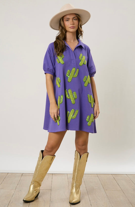 Purple Cactus Sequin Cactus Patch Dress