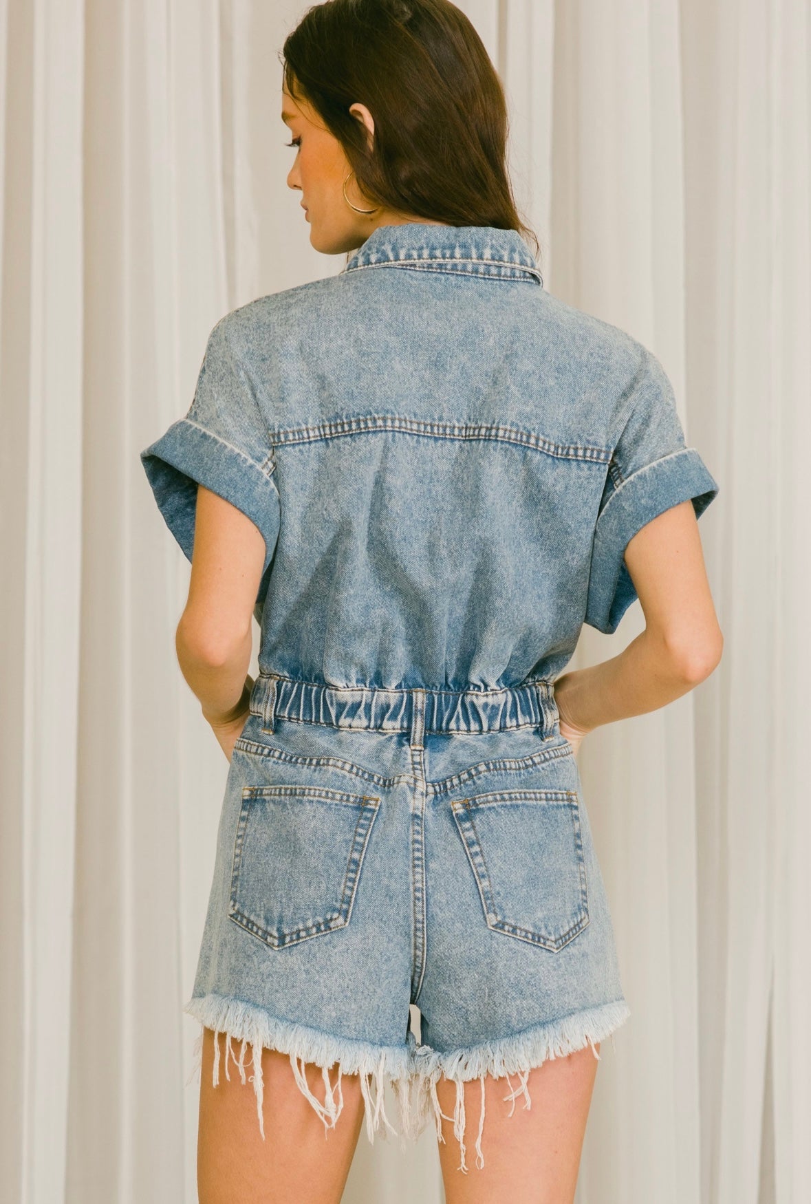 Medium Wash Denim Distressed Romper