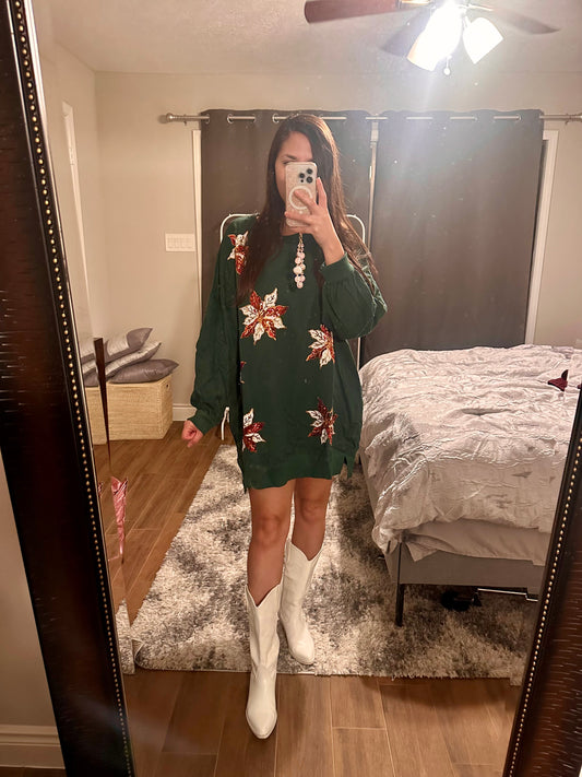 Green Sequin Poinsettia Dress
