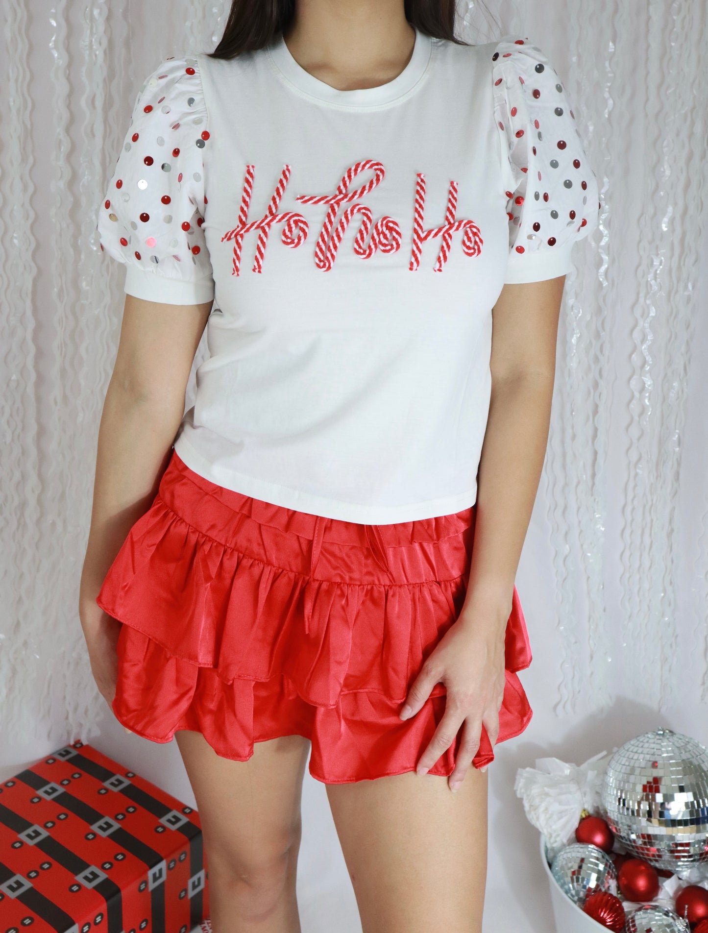 Ho Ho Ho Sequin Puff Sleeve Top