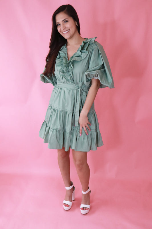 Sage Tiered Wrap Mini Dress