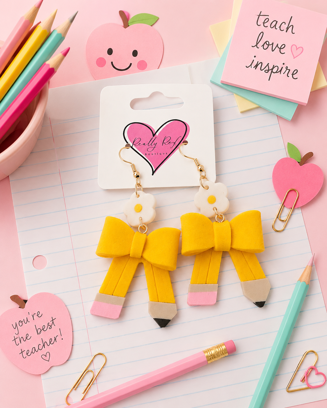 Pencil Bow Earrings with Flower
