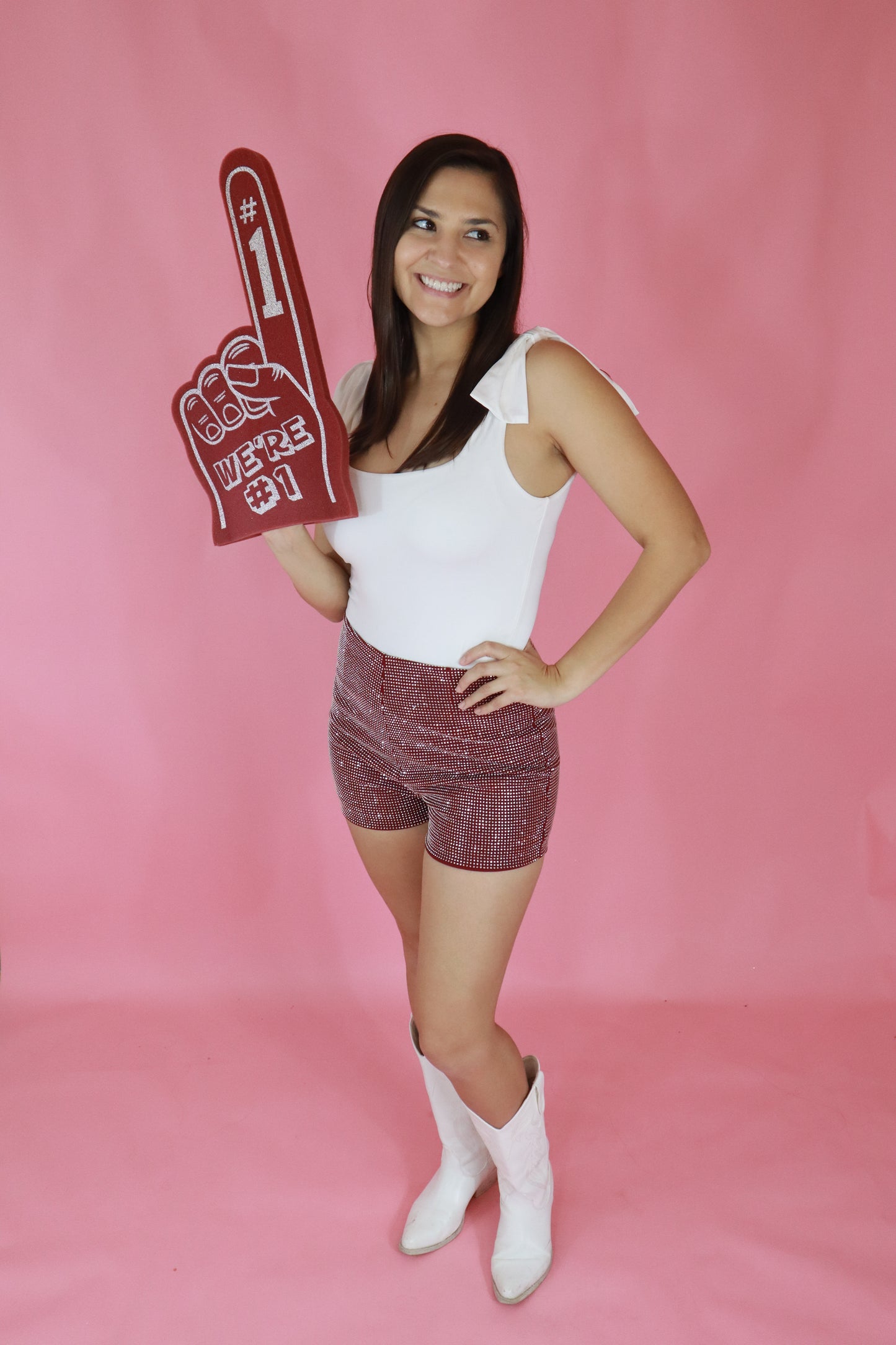 Maroon High Waisted Rhinestone Shorts