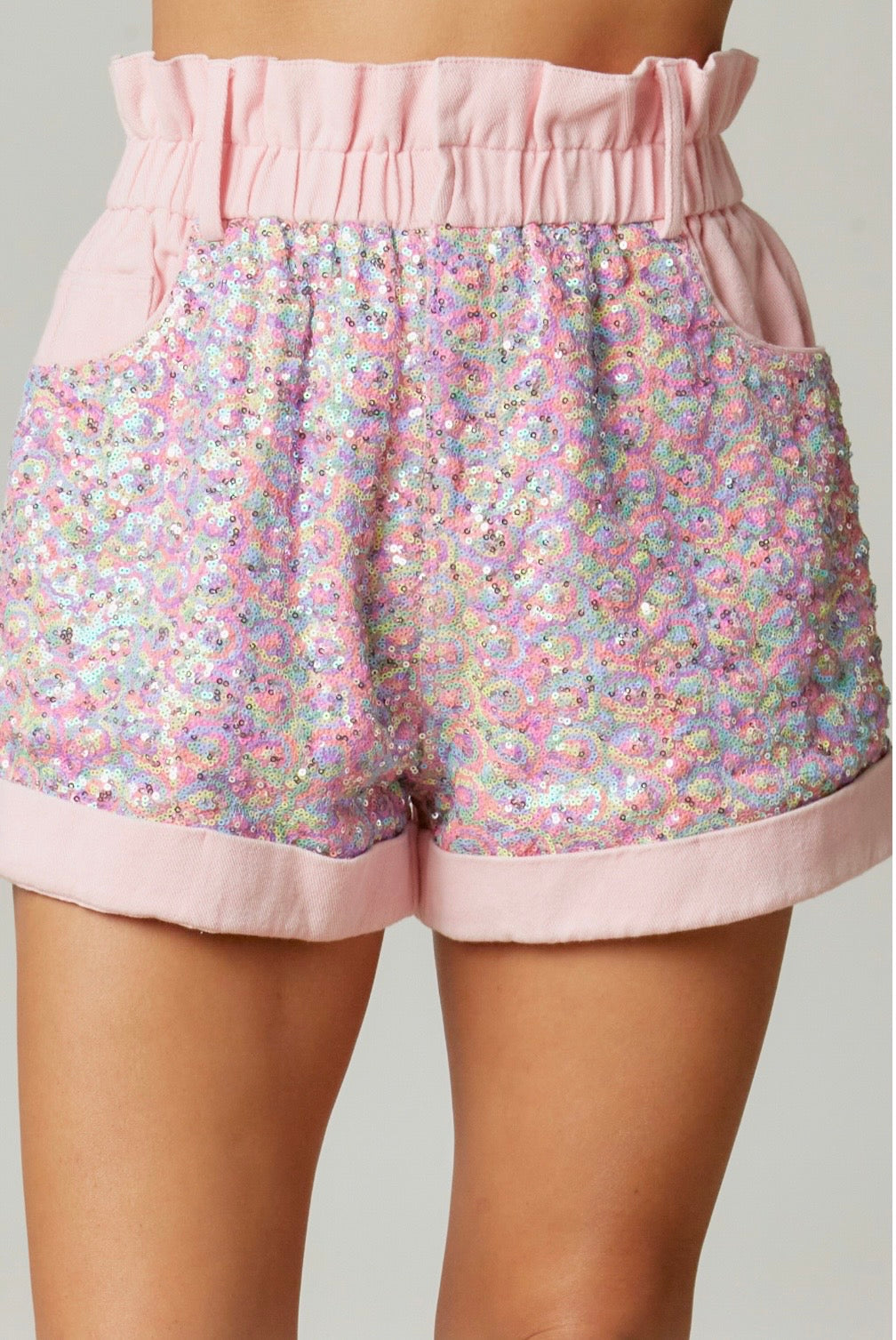 Pink Sequin High Waisted Paper Bag Shorts