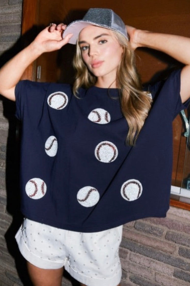 Navy Oversized Sequin Baseball Top