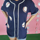 Navy Button Down Sequin Baseball Top