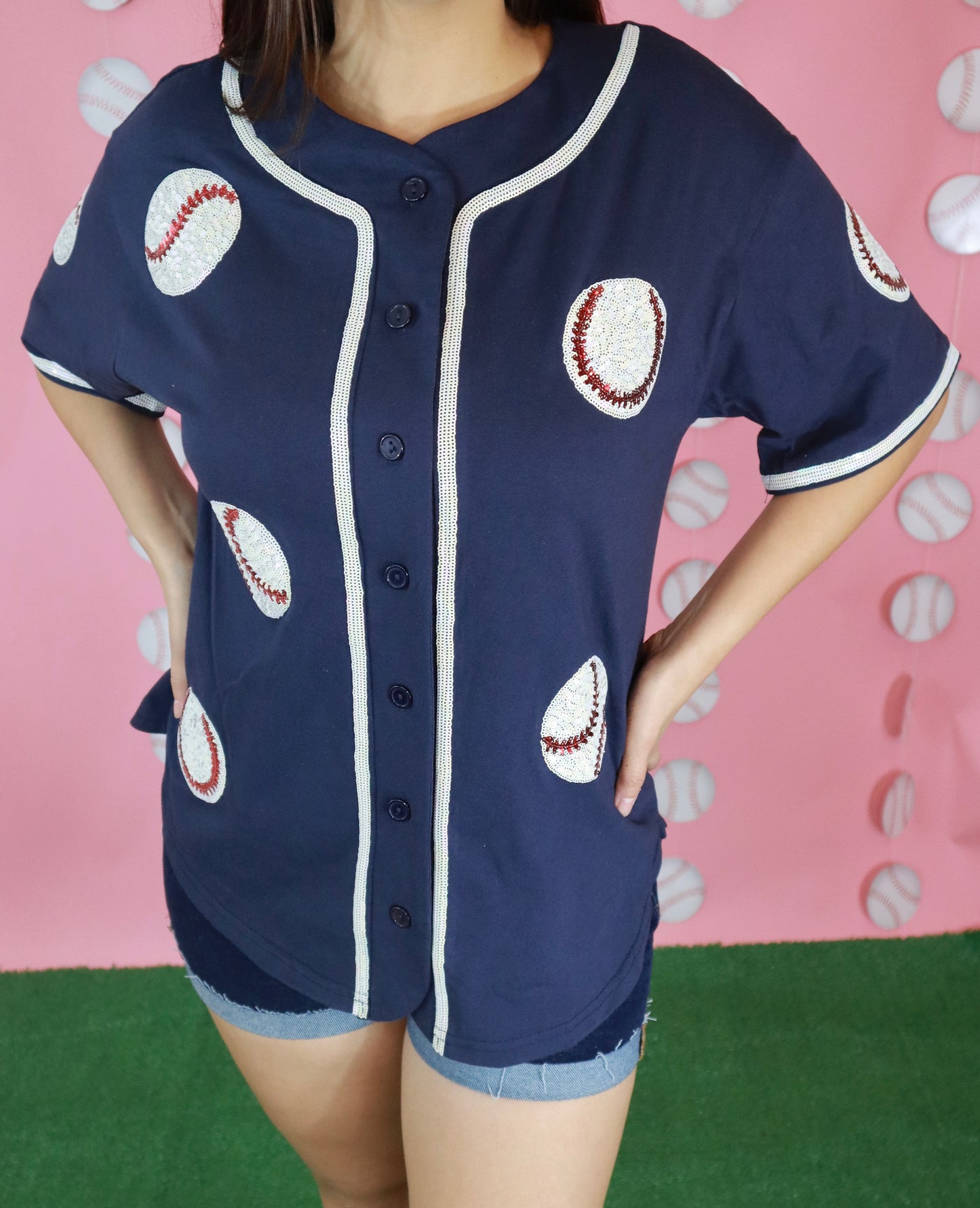 Navy Button Down Sequin Baseball Top