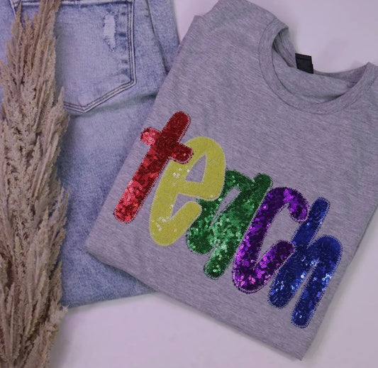 Sequin Embroidered Teach T-Shirt