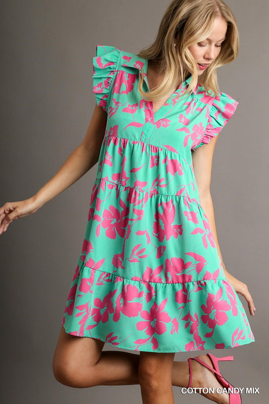 Floral Print Collared Tiered Dress