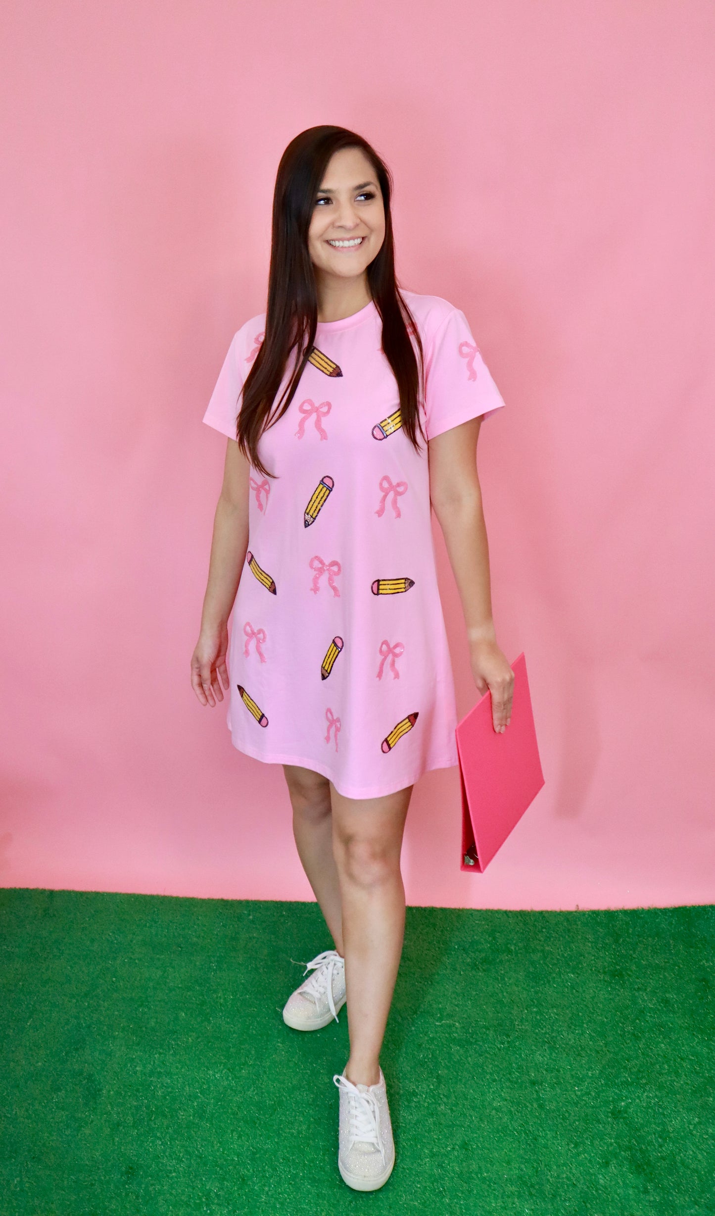 Pink Sequin Coquette Pencil Shirt Dress