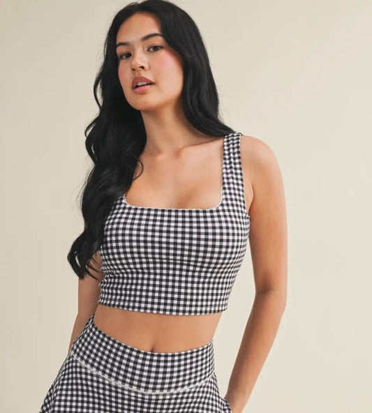 Black Gingham Square Neck Cropped Top