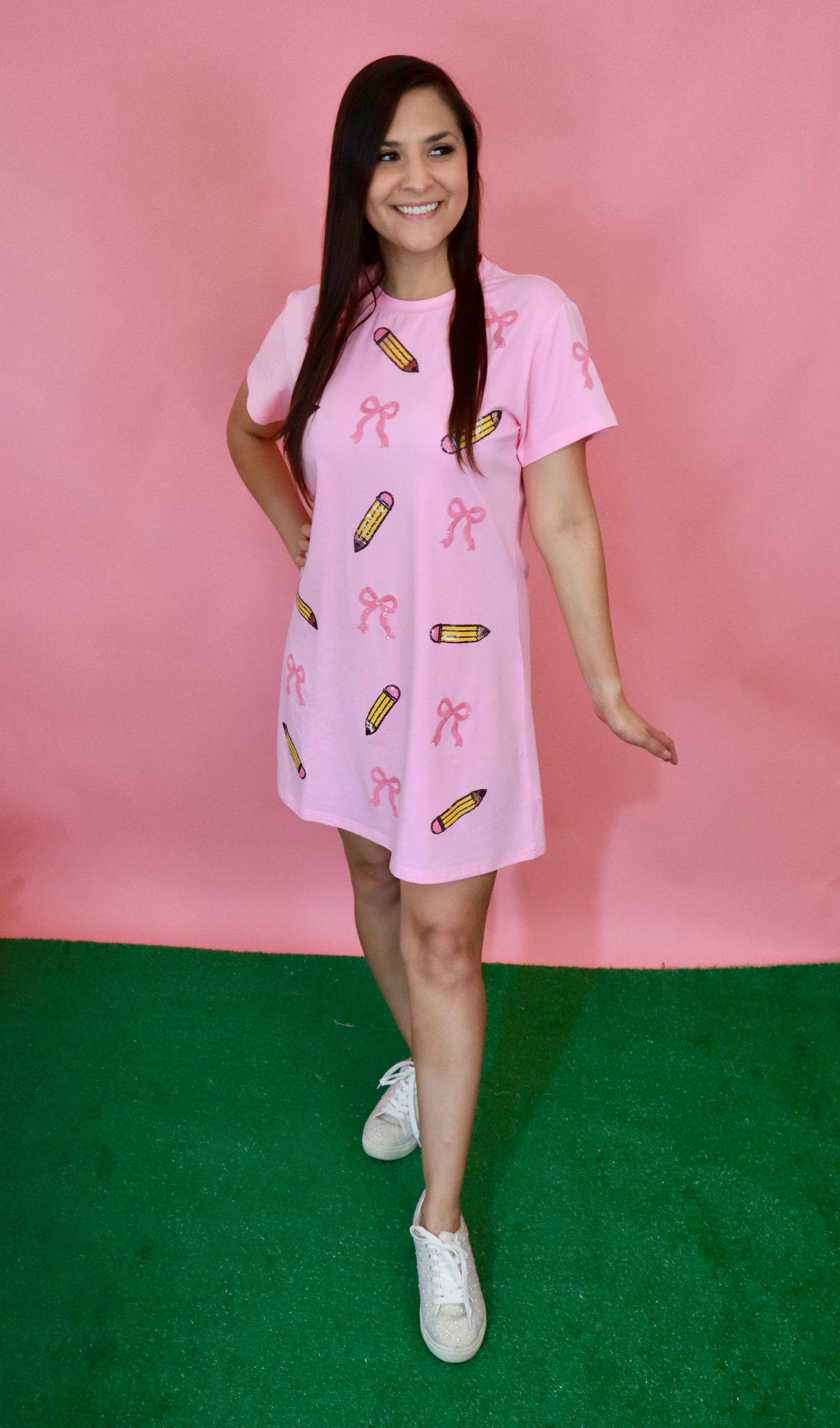 Pink Sequin Coquette Pencil Shirt Dress