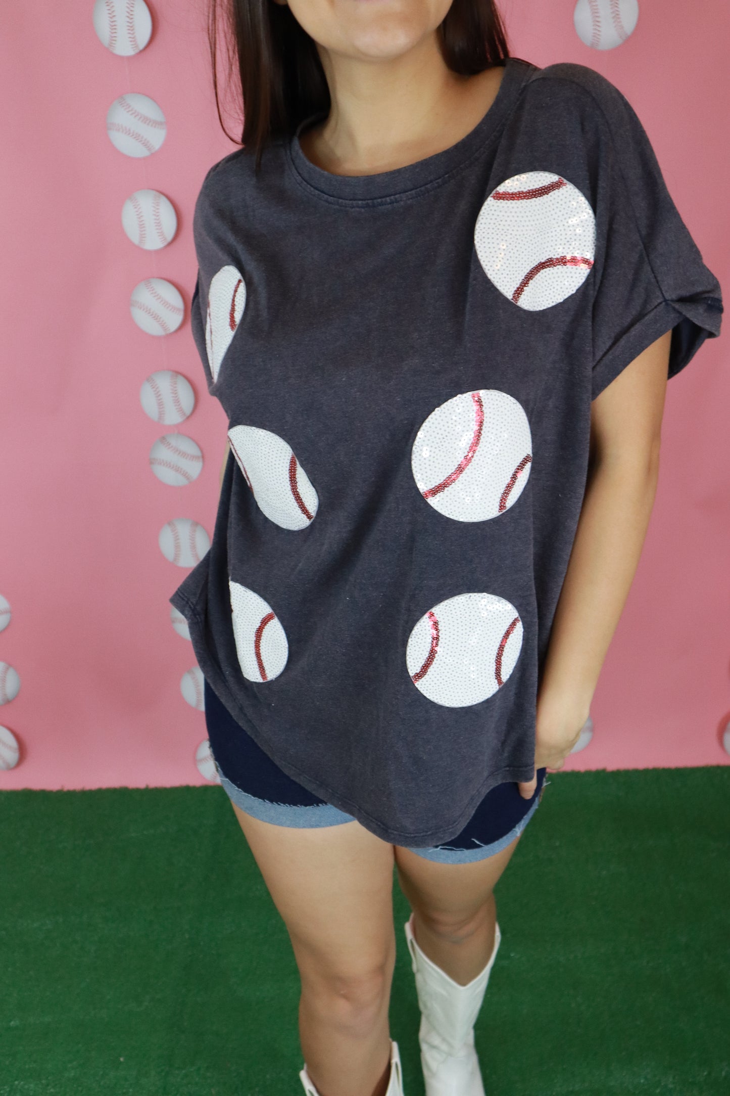 Dark Grey Sequin Baseball Patch Oversized Tee