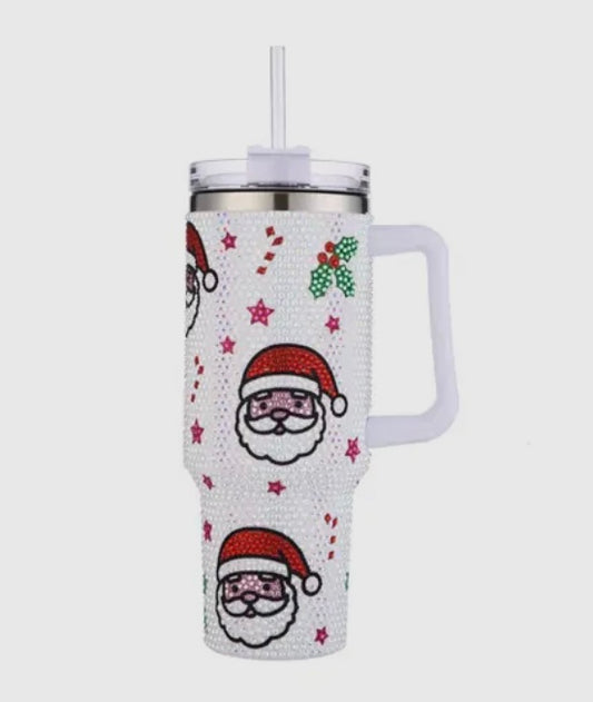 Rhinestone Santa and Holly Tumbler