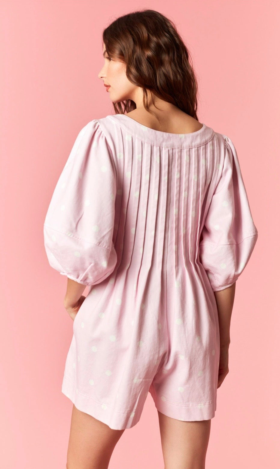 Pink Denim Polka Dot Flared Romper