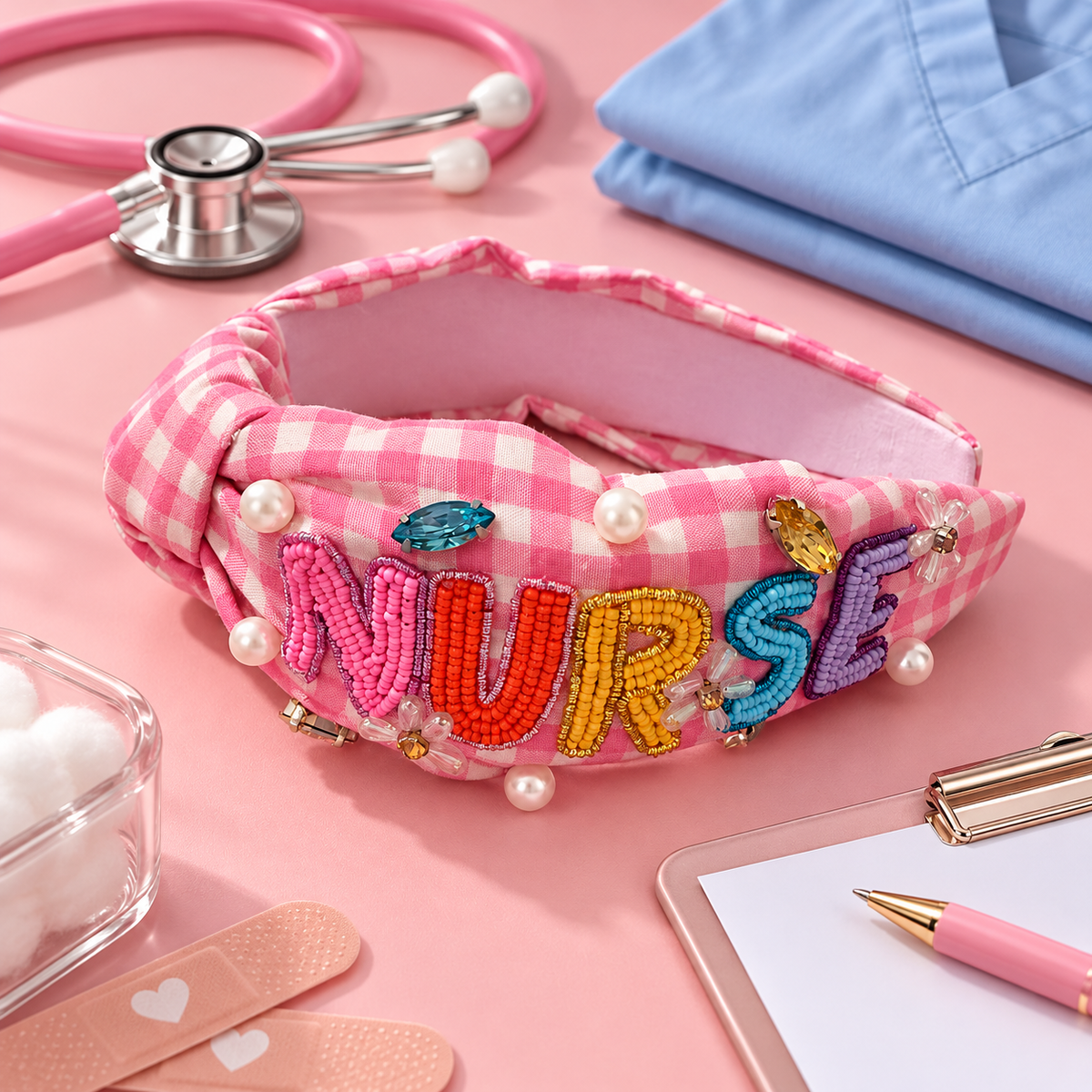Pink Gingham Beaded Nurse Headband