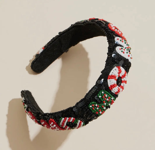 Black Sequin and Beaded HO HO Headband