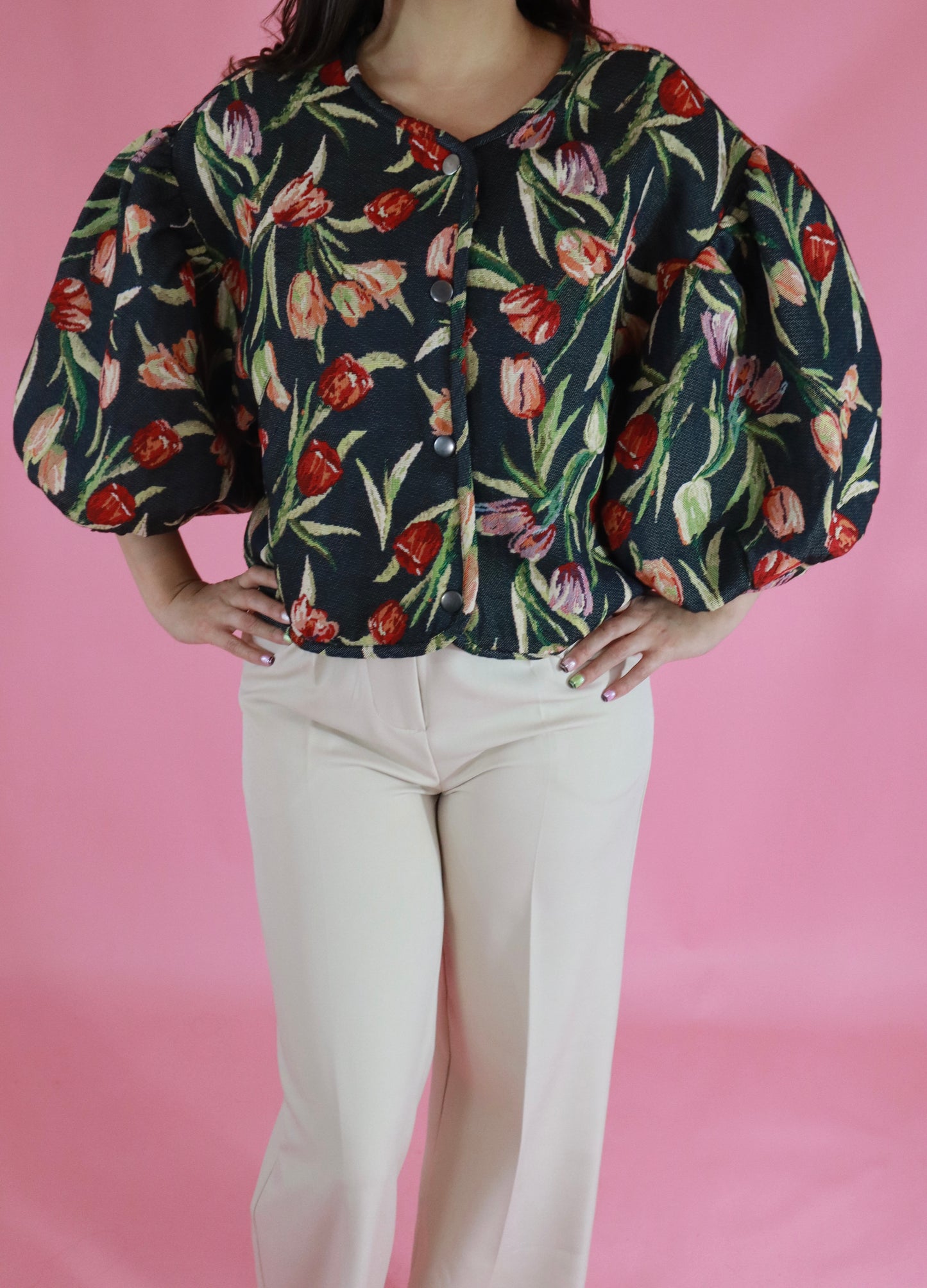 Floral Jacquard Button Down Puff Sleeve Jacket