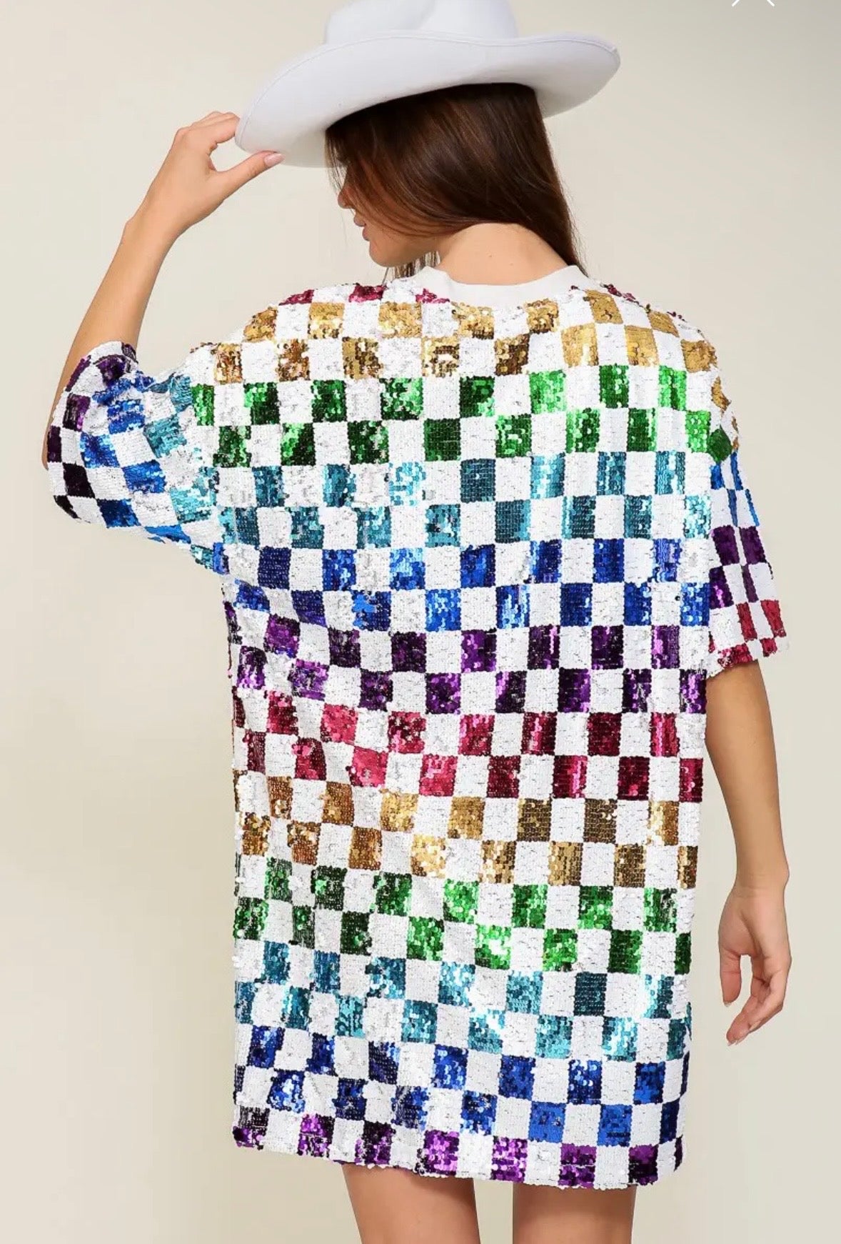 Rainbow Sequin Checkered Shirt Dress