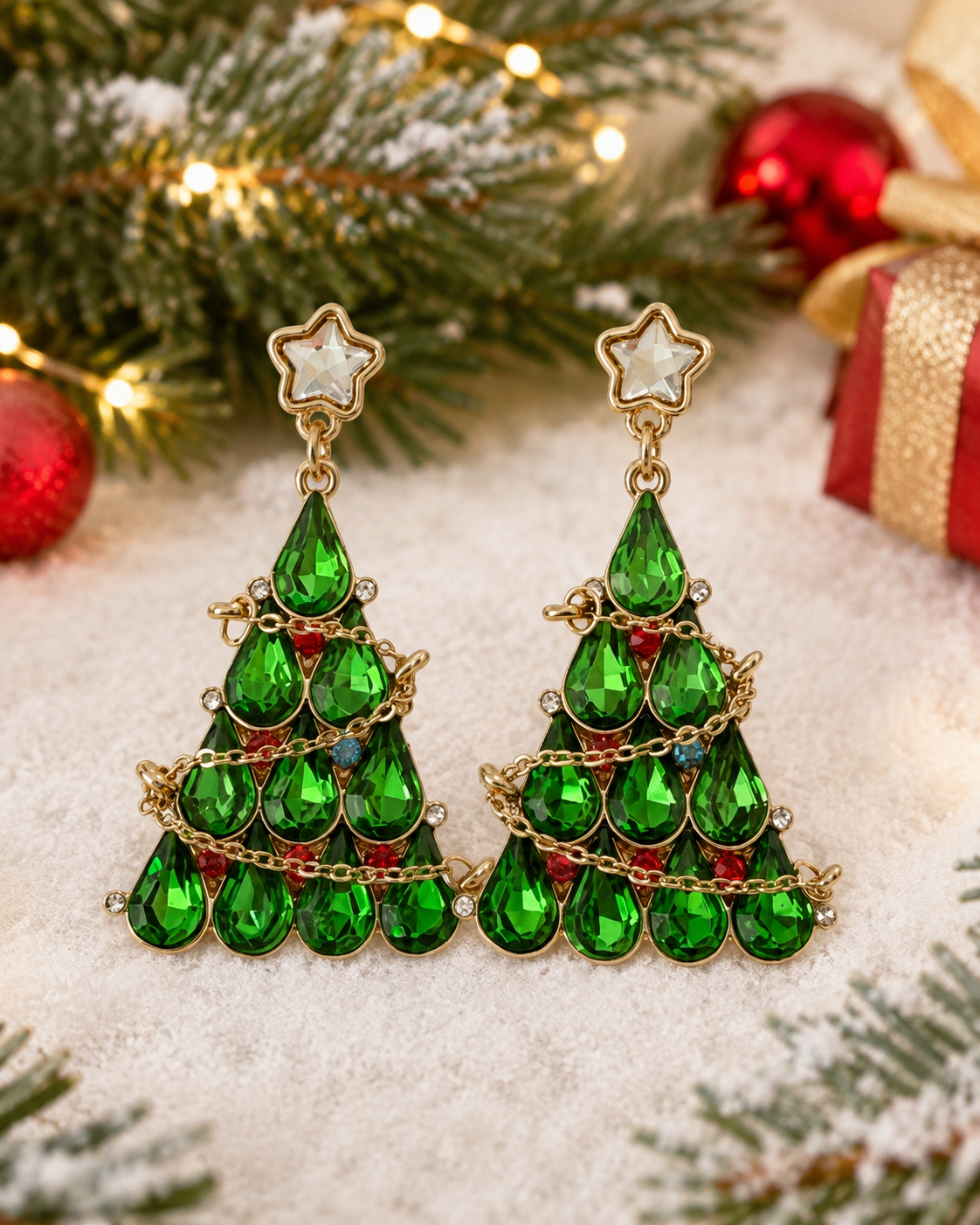 Rhinestone Christmas Tree Earrings