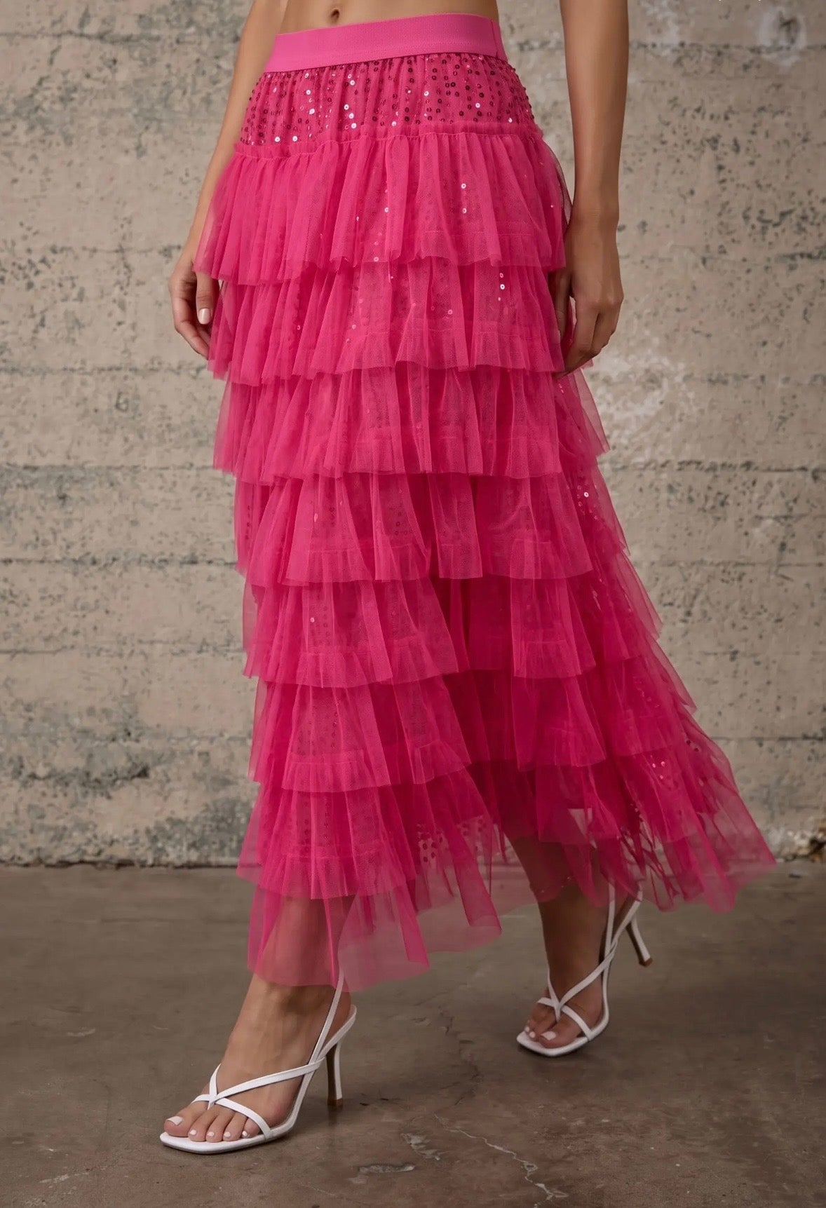 Pink Sequin Tiered Mesh Maxi Skirt