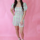 Pastel Green Plaid Square Neck Belted Romper